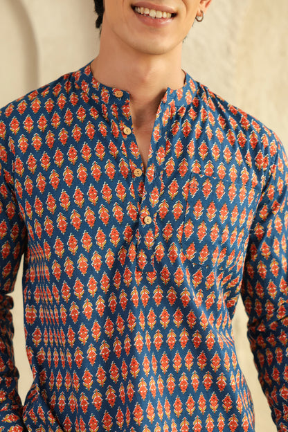 Blue Printed Cotton Shirt Kurta