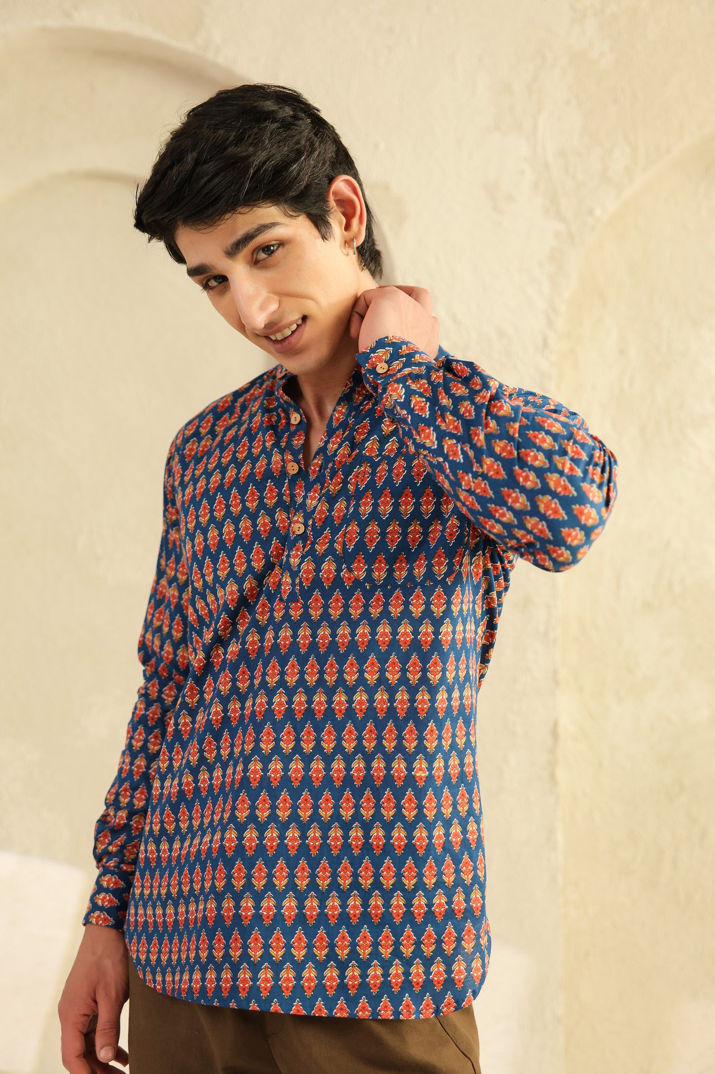 Blue Printed Cotton Shirt Kurta
