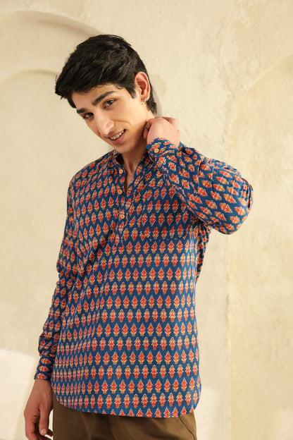 Blue Printed Cotton Shirt Kurta