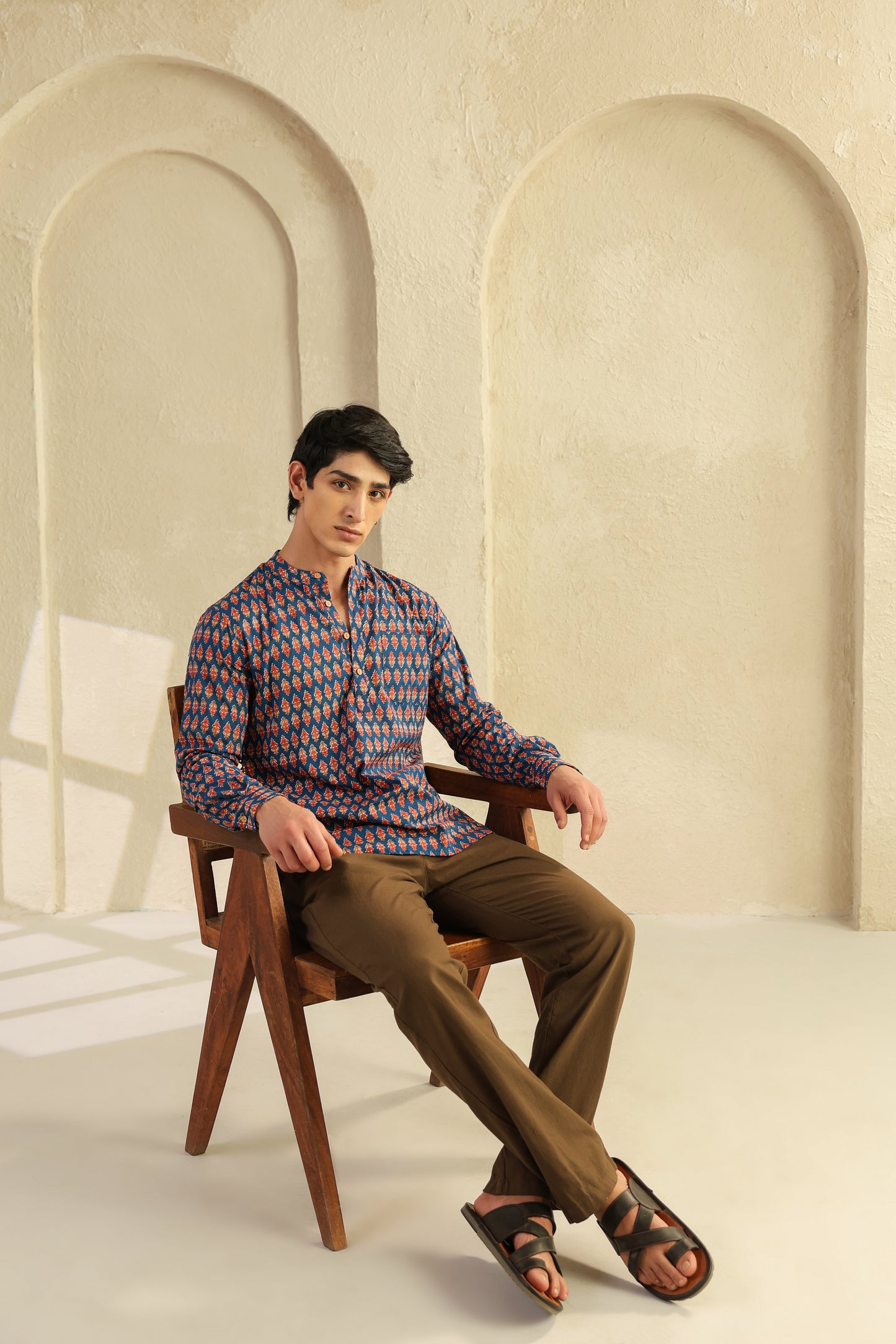 Blue Printed Cotton Shirt Kurta