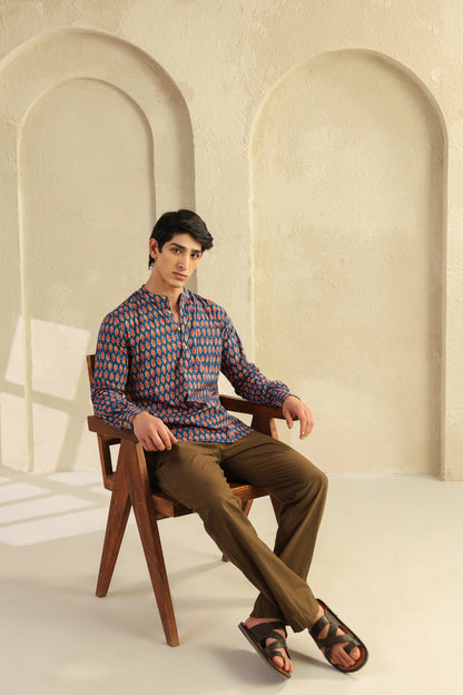 Blue Printed Cotton Shirt Kurta