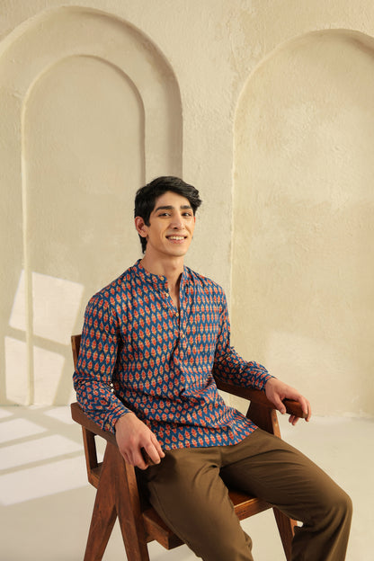 Blue Printed Cotton Shirt Kurta