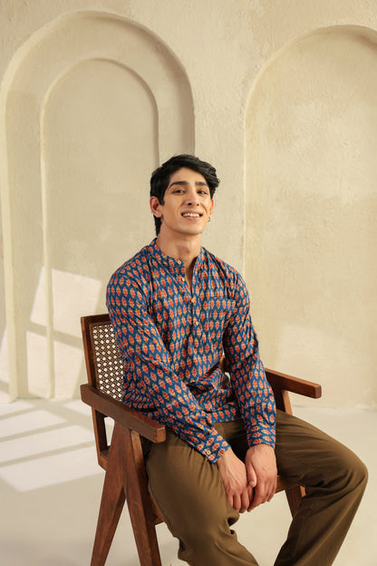 Blue Printed Cotton Shirt Kurta